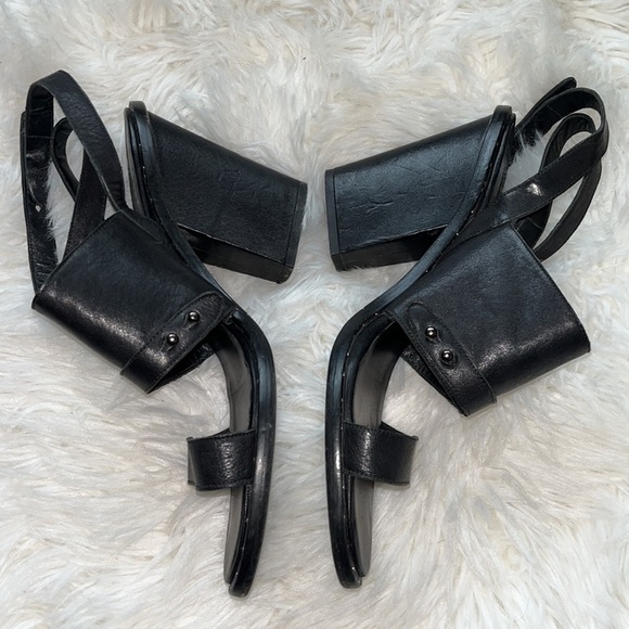 Freda Salvador Calfskin Go Strap Heeled Sandal Black Leather Block Heel Studded - Picture 10 of 11